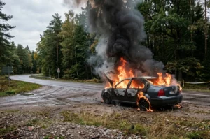 voiture en feu au abord d'une forêt risquant un incendie